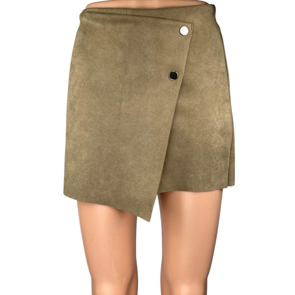 Zara Beige Brown Faux Suede Asymmetric Button Zipper Mini Wrap Skirt Skort Sz XS